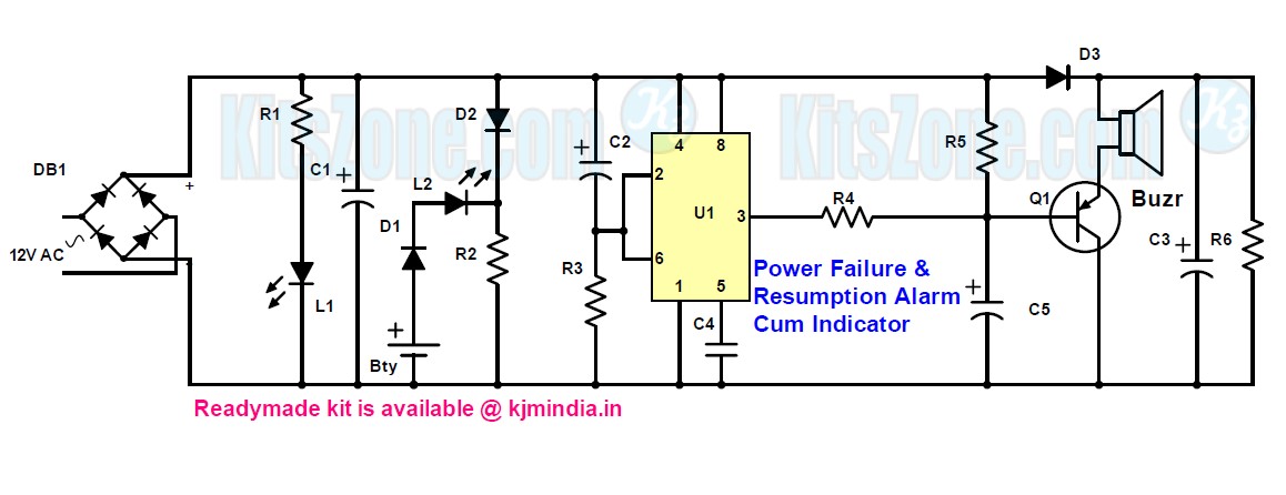 Power failure and resumption alarm and indicator circuit using 555 timer ic | Kitszone.com