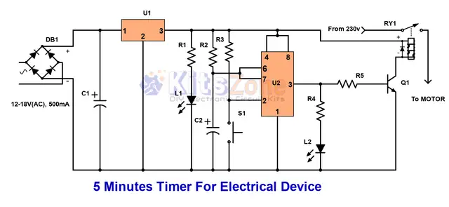 5 Minutes timer circuit using ic 555 To Control Electrical Devices