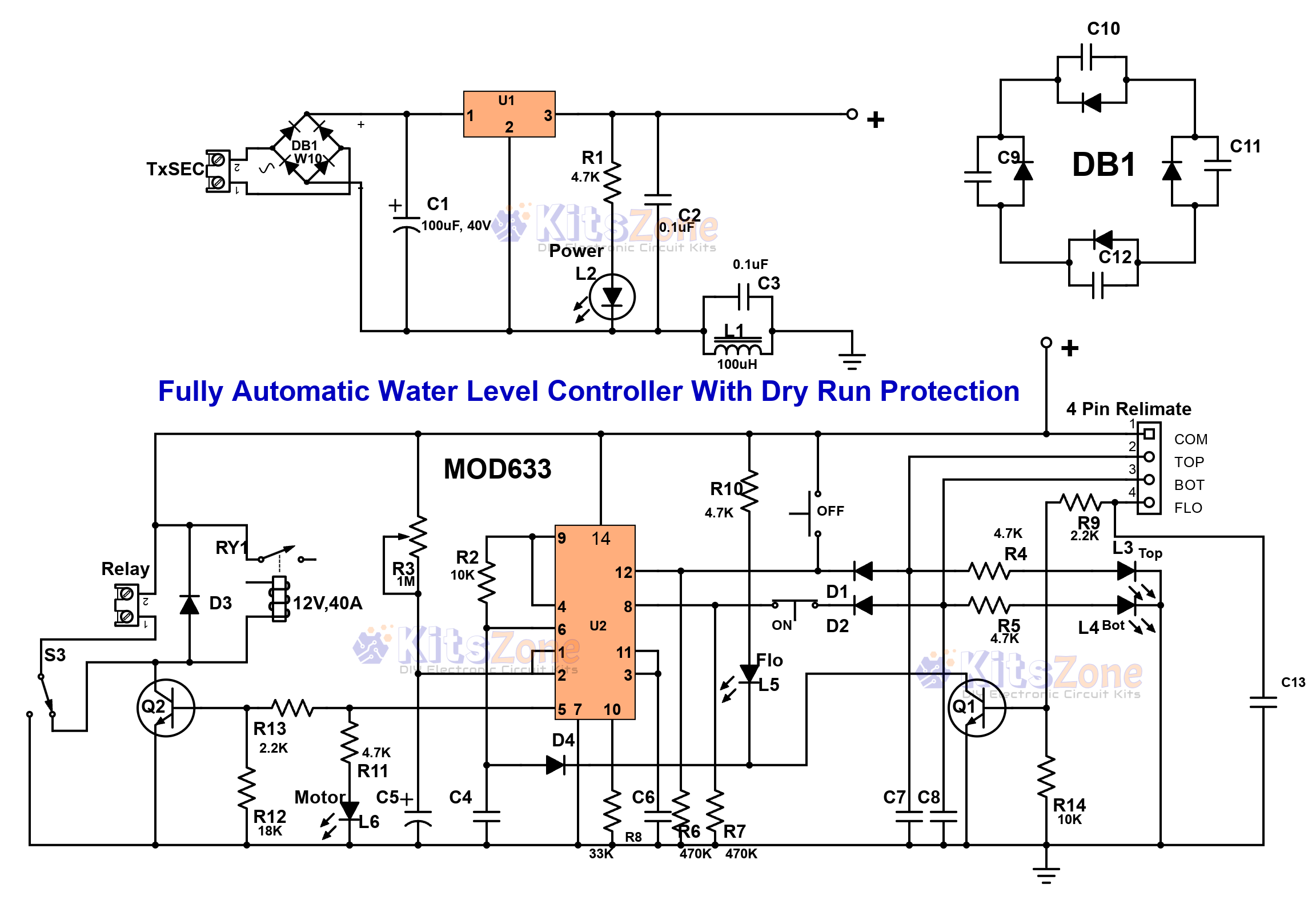 Water Level Controller Circuit With Motor Dry Run Protection
