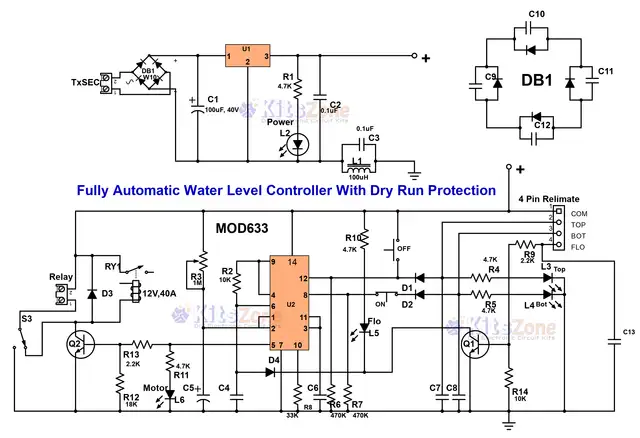 Water Level Controller Circuit With Motor Dry Run Protection