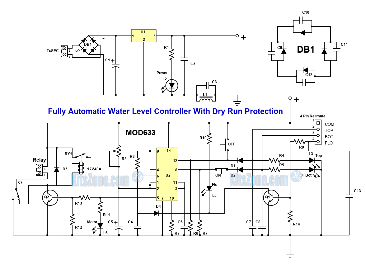 Fully Automatic Water Level Controller Circuit With Motor Dry Run Protection Without Using Microcontroller