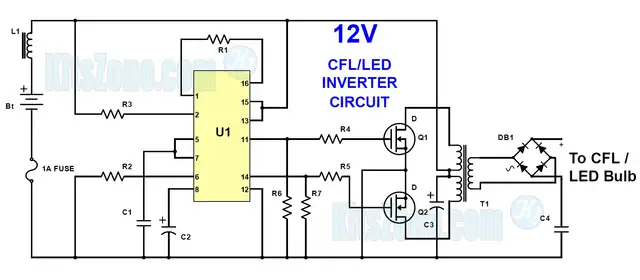 12V Emergency Light Circuit Using 3525 IC For CFL/LED Bulb | Mini Inverter Circuit | Kitszone.com