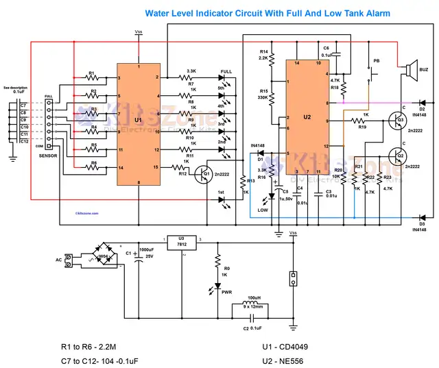 7 level water level indicator circuit with full and empty tank alarm schematic