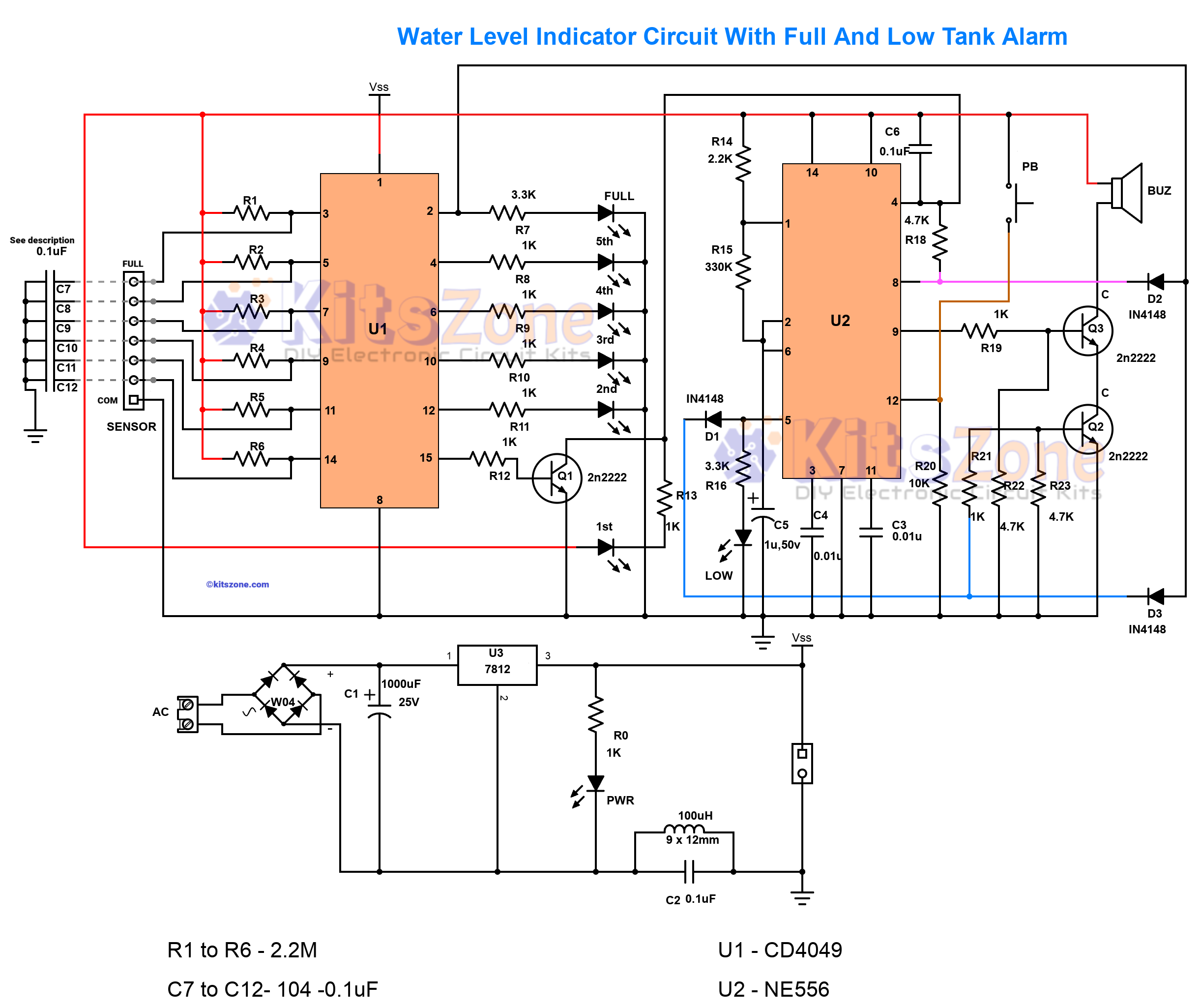 7 level water level indicator circuit with full and empty tank alarm schematic