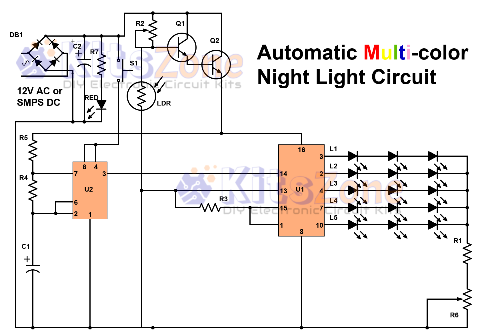 Multi-colour Night Light Circuit Using CD4017
