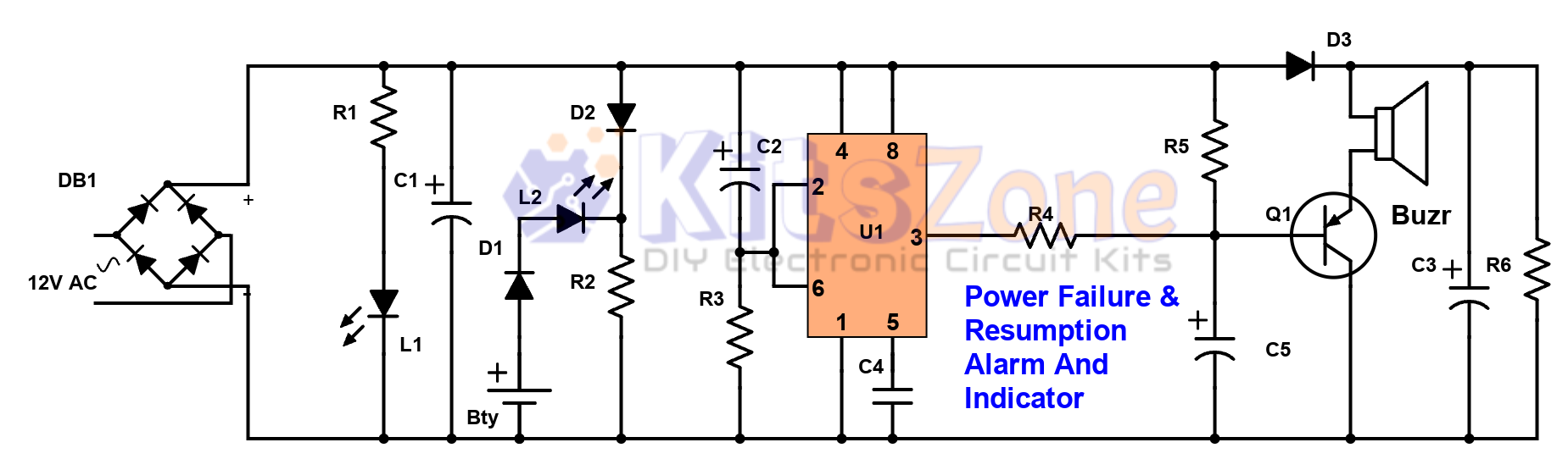 Power Failure and Resumption Alarm Circuit using 555 IC
