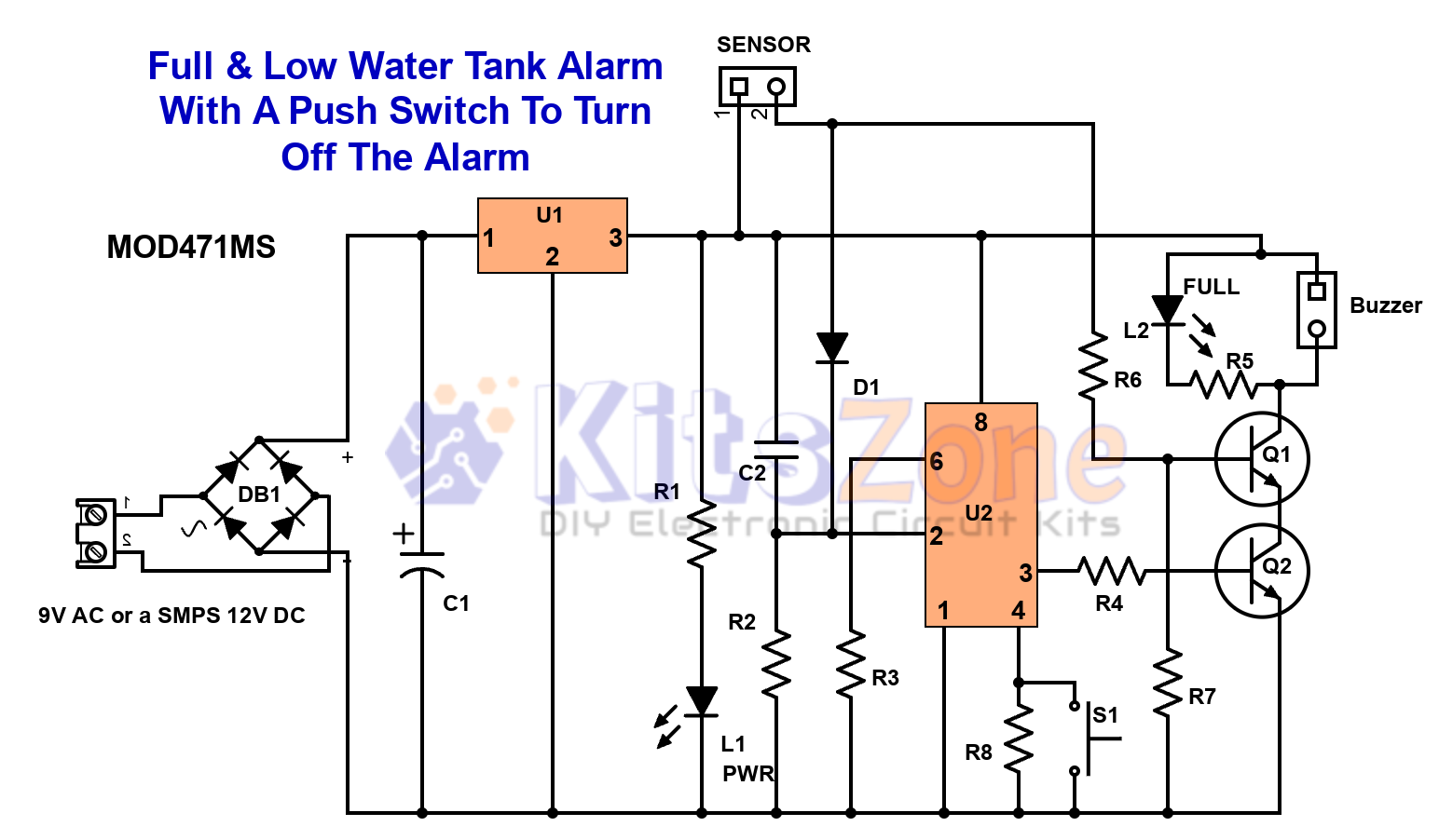 Full & Low Water Tank Alarm Circuit Using 555 Timer Ic