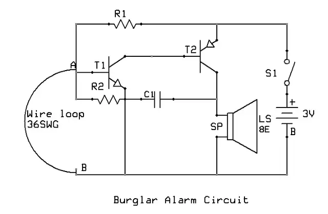 Burglar Alarm Using NPN(BC548)And PNP(SK100) Transistor